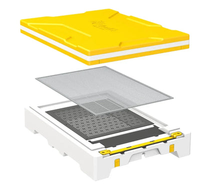 Exploded view of yellow and white EPS bee hive with mesh and bottom board components