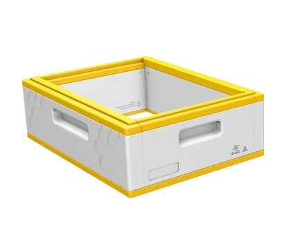 EPS bee hive box with white body and yellow edges, featuring built-in handles and honeycomb pattern