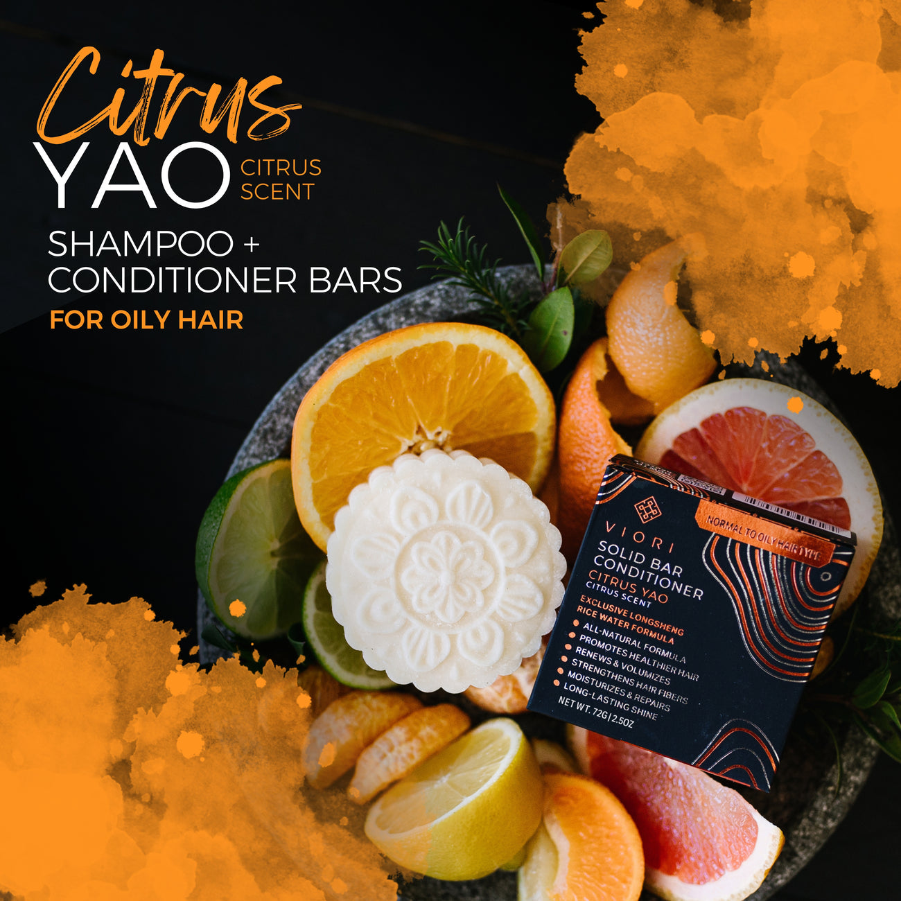 Citrus Yao citrus-scented shampoo and conditioner bars for oily hair with citrus fruits and packaging