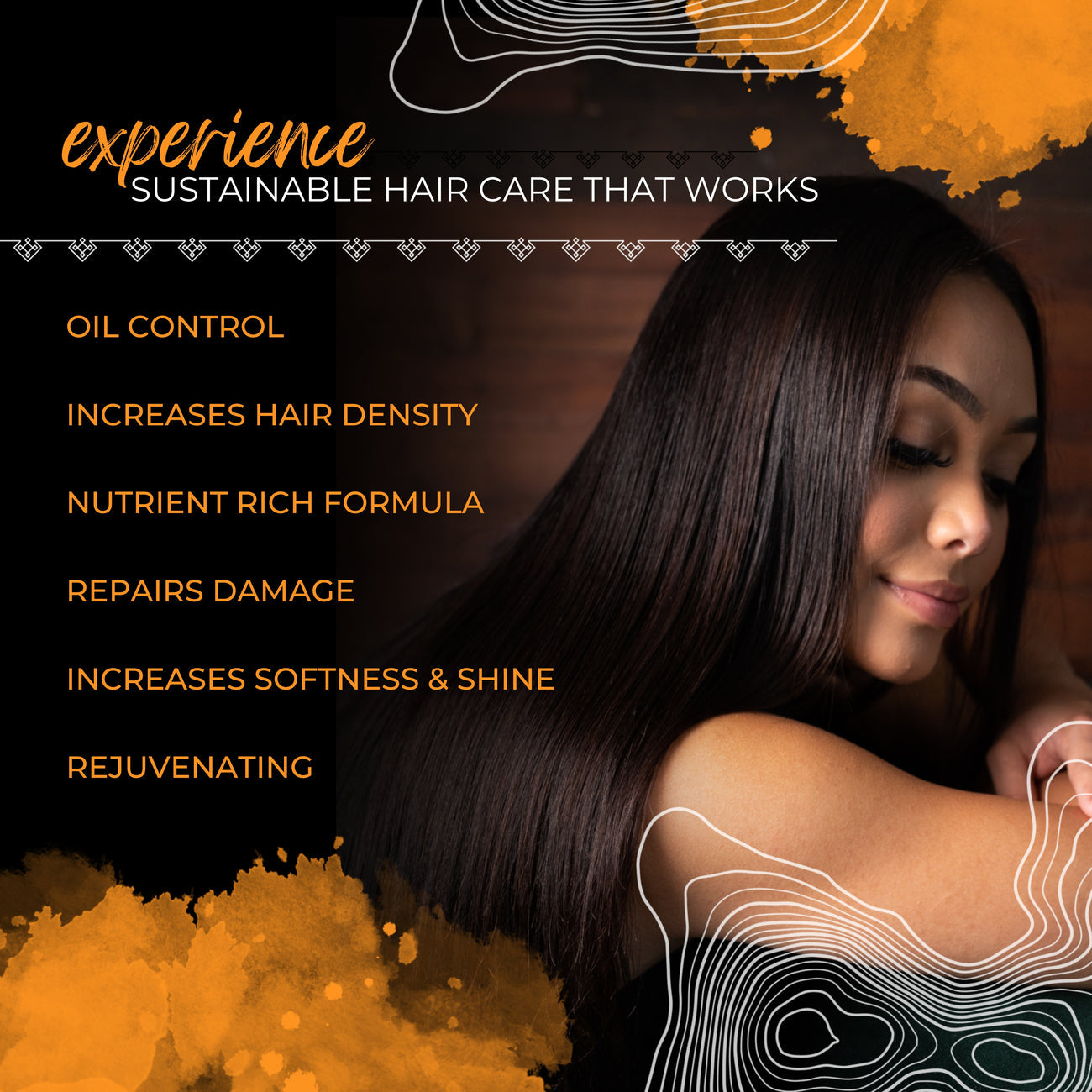 Woman with long, shiny dark hair showcasing sustainable hair care benefits including oil control, repair, and shine