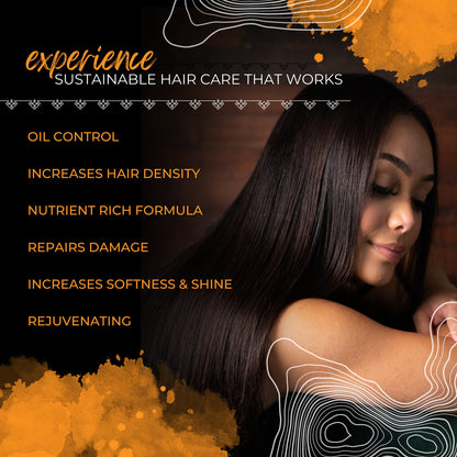 Woman with long, shiny dark hair showcasing sustainable hair care benefits including oil control, repair, and shine