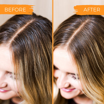 Before and after split image showing improved shiny and smooth hair of a smiling woman with brown highlights