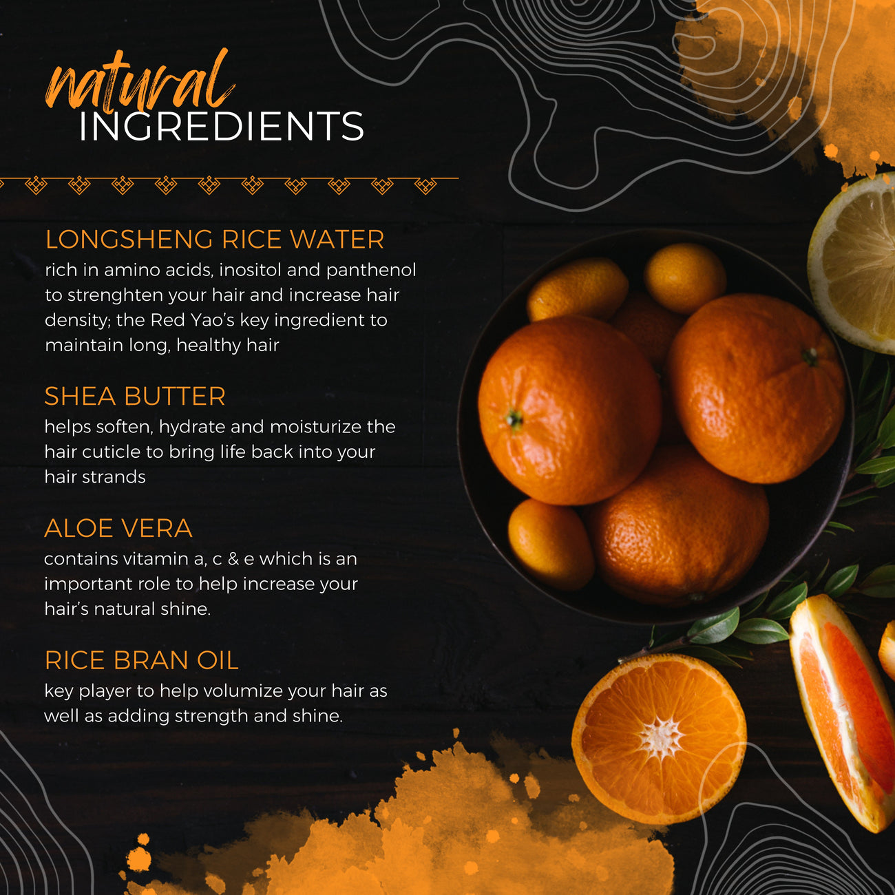 Natural ingredients for hair care including Longsheng rice water, shea butter, aloe vera, and rice bran oil with citrus fruits