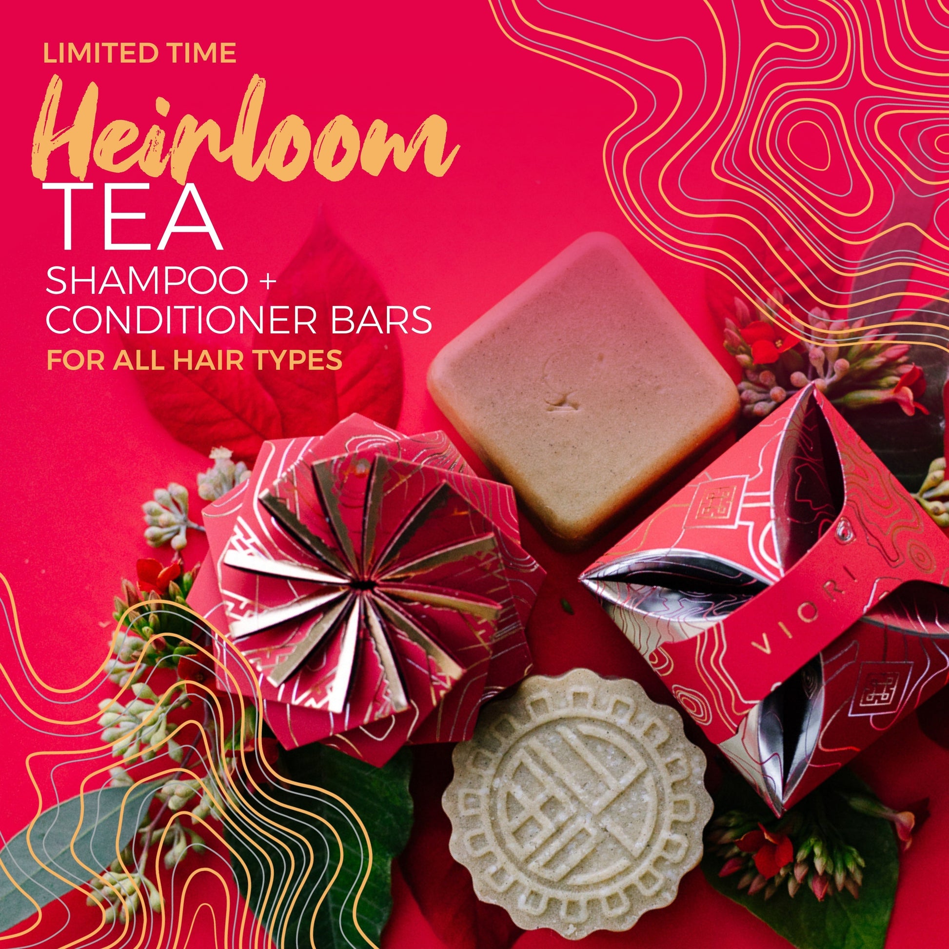 Limited time Heirloom Tea shampoo and conditioner bars with decorative eps bee hive packaging on red background