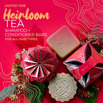 Limited time Heirloom Tea shampoo and conditioner bars with decorative eps bee hive packaging on red background