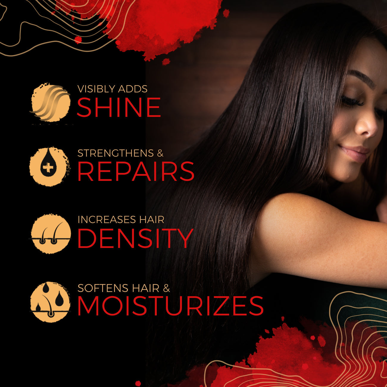 EPS bee hive graphic with woman showing long, shiny hair highlighting hair shine, repair, density, and moisture