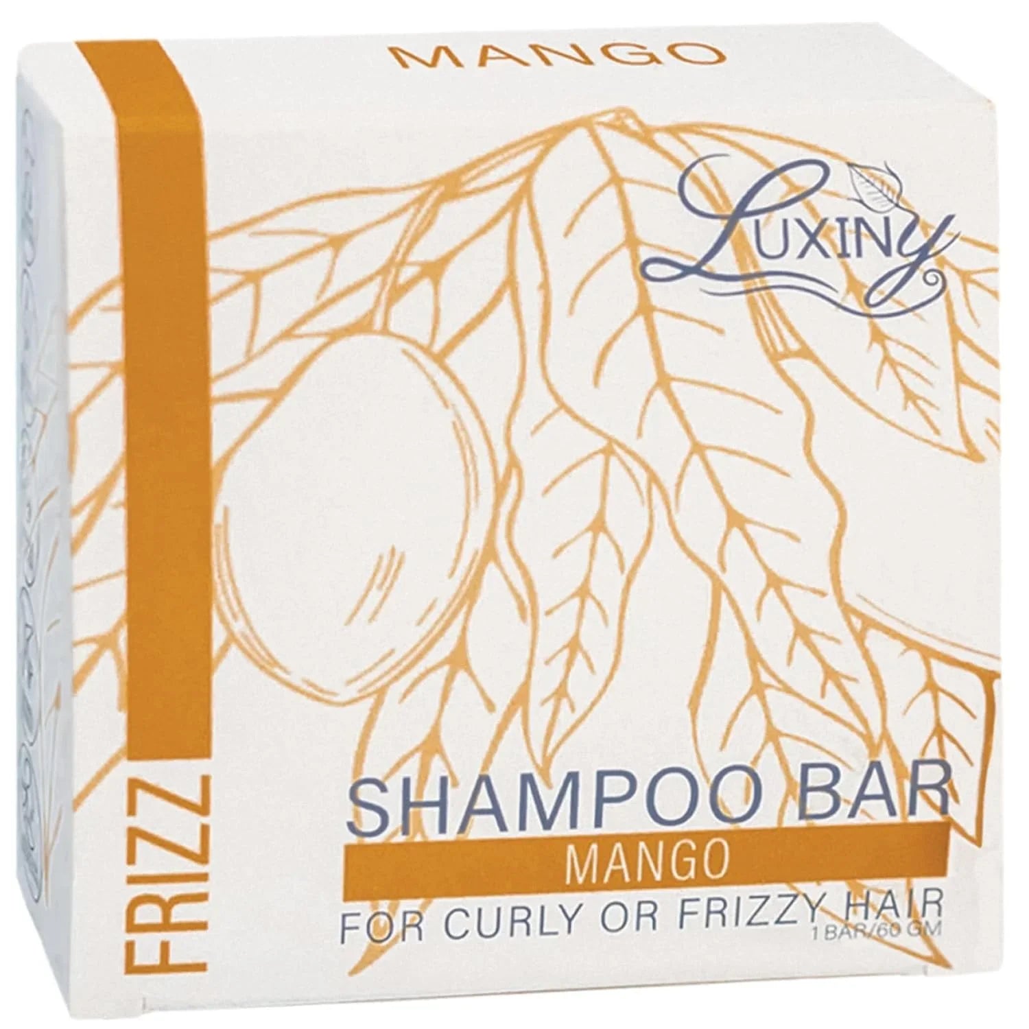 Luxiny mango frizz shampoo bar box with leaf and fruit illustration for curly or frizzy hair