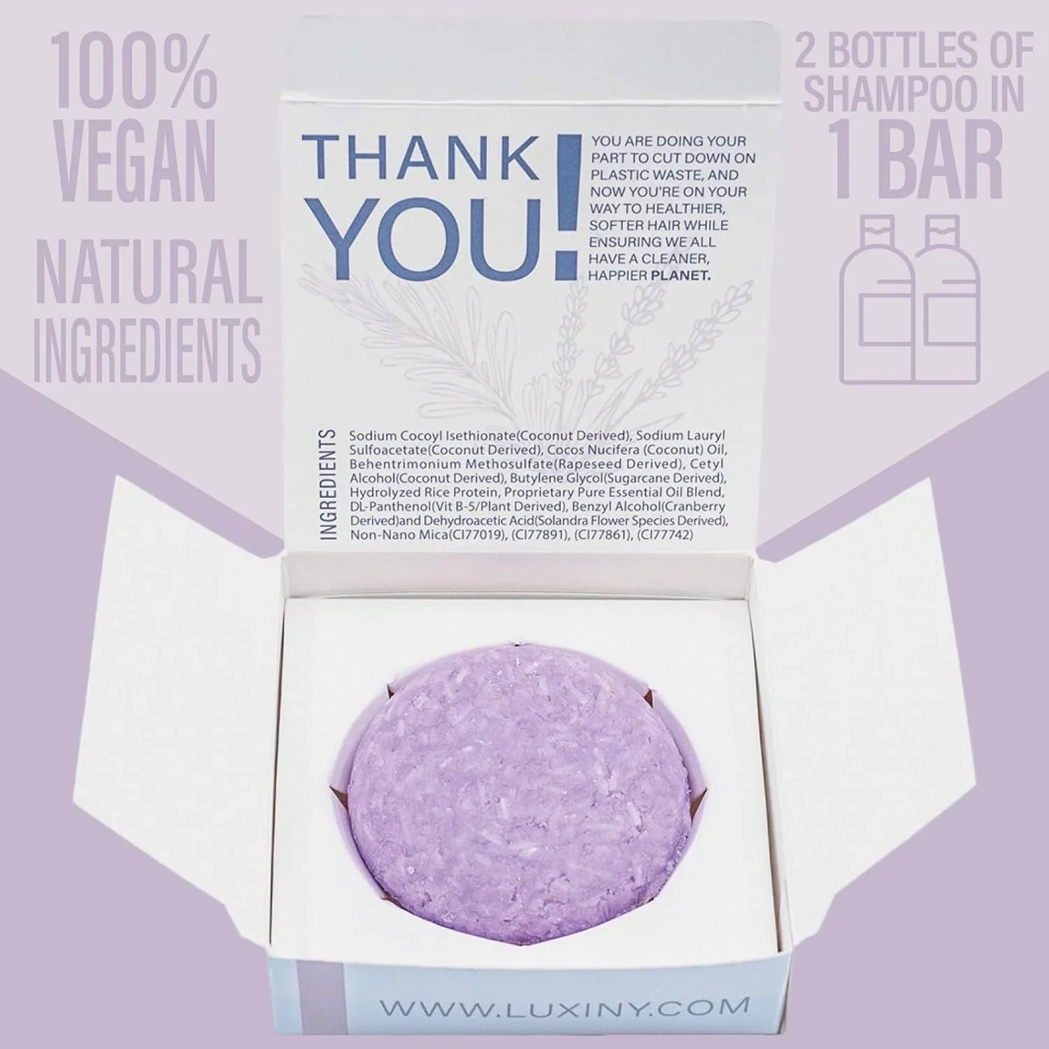 Purple eps bee hive shampoo bar in open white box with natural ingredients and vegan text