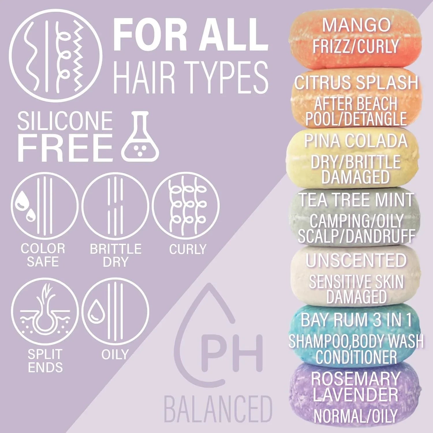 EPS bee hive logo on lavender background with hair type icons and stacked colorful shampoo bars