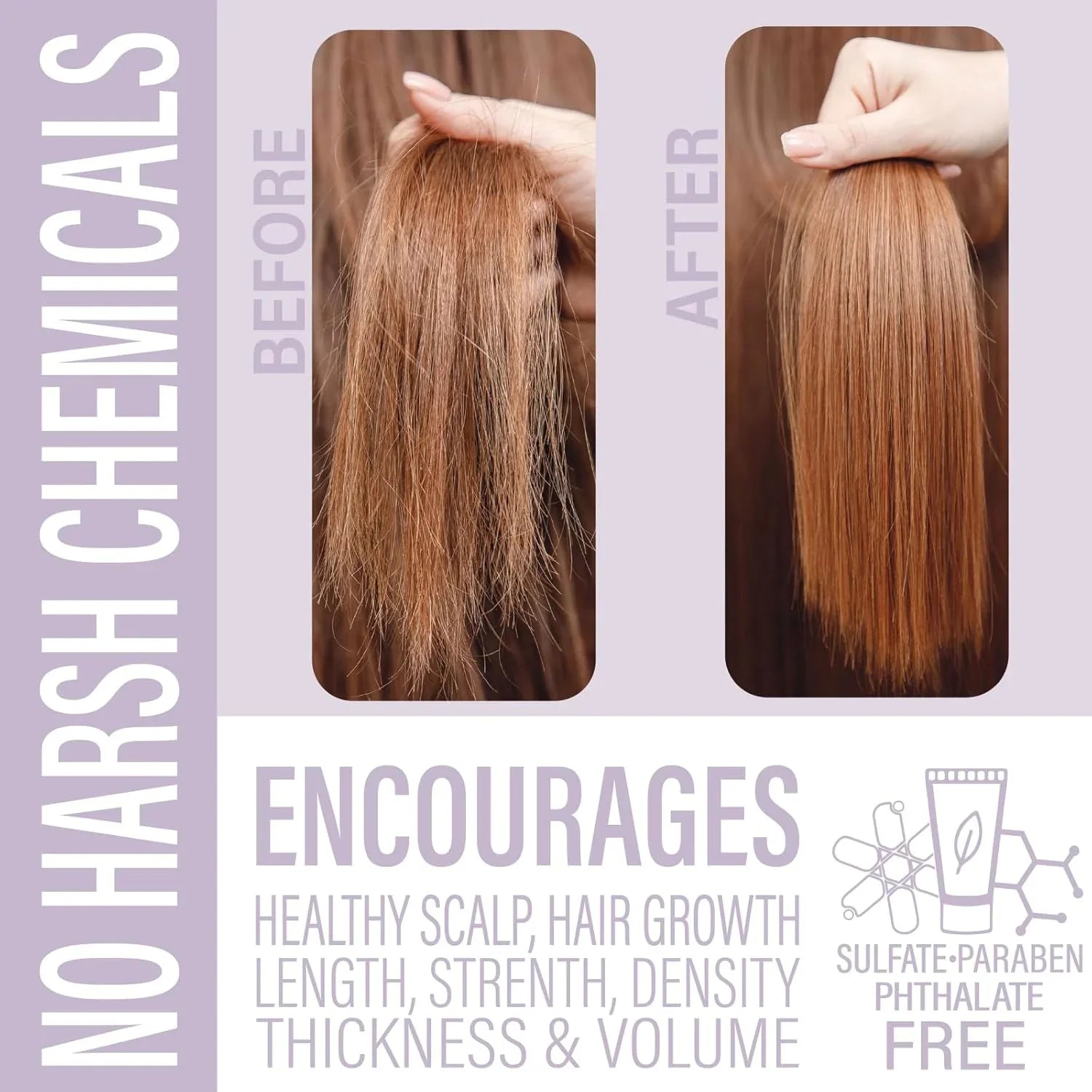 Side-by-side before and after photos of hand holding hair, showing smoother, straighter hair after treatment
