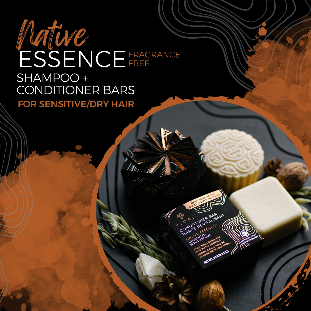 Native Essence fragrance-free shampoo and conditioner bars for sensitive dry hair with natural packaging and ingredients