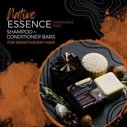 Native Essence fragrance-free shampoo and conditioner bars for sensitive dry hair with natural elements on black surface