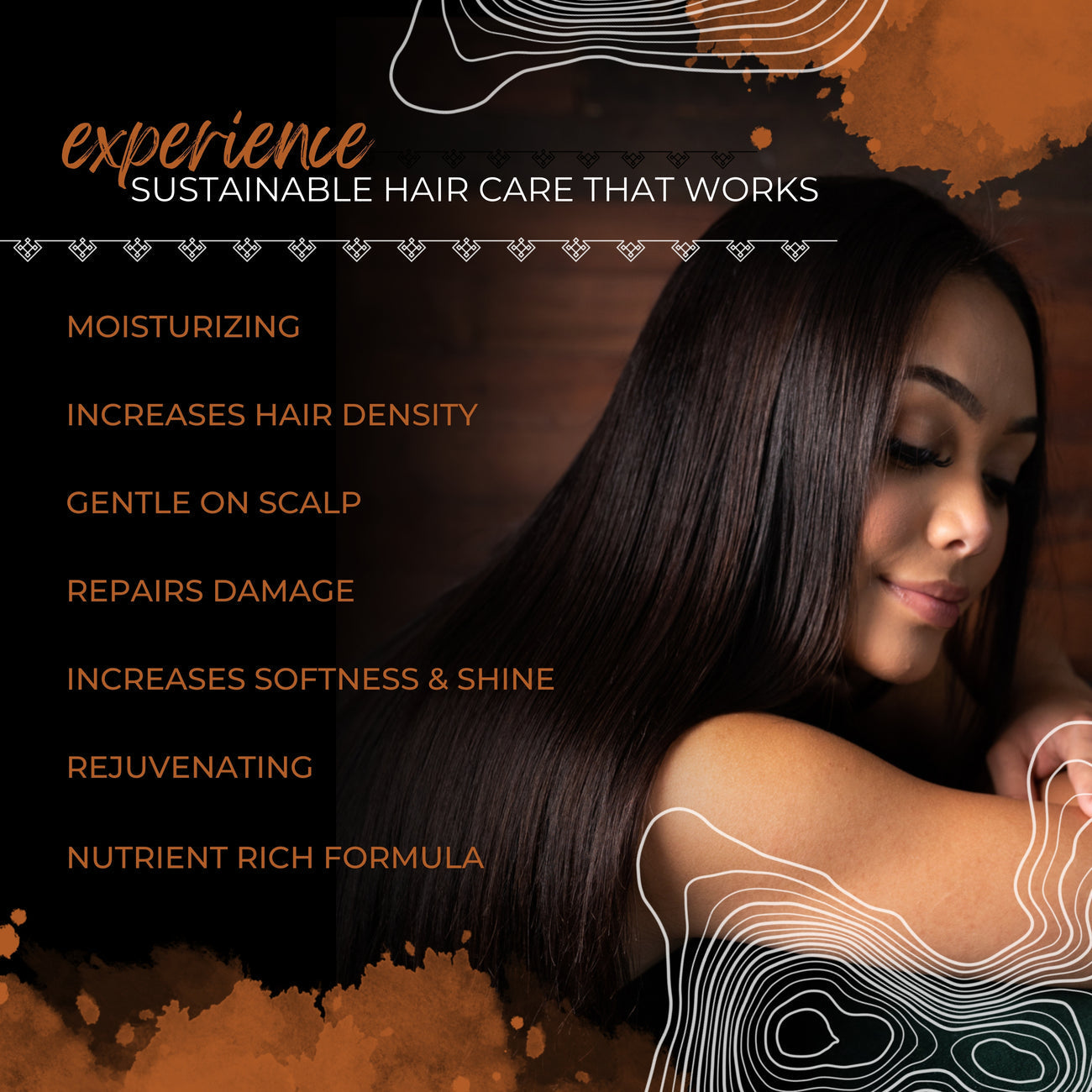 Woman with long, shiny dark hair showcasing sustainable hair care benefits like moisturizing, repair, and softness