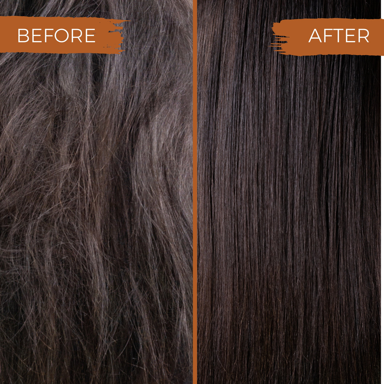 Before and after comparison of dark brown hair showing frizzy hair on left and smooth, straight hair on right