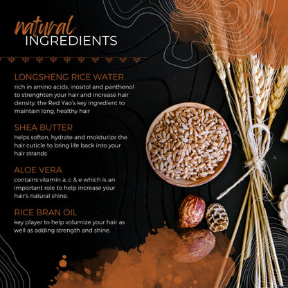 Natural ingredients for hair care including longsheng rice water, shea butter, aloe vera, and rice bran oil with wheat stalks and seeds