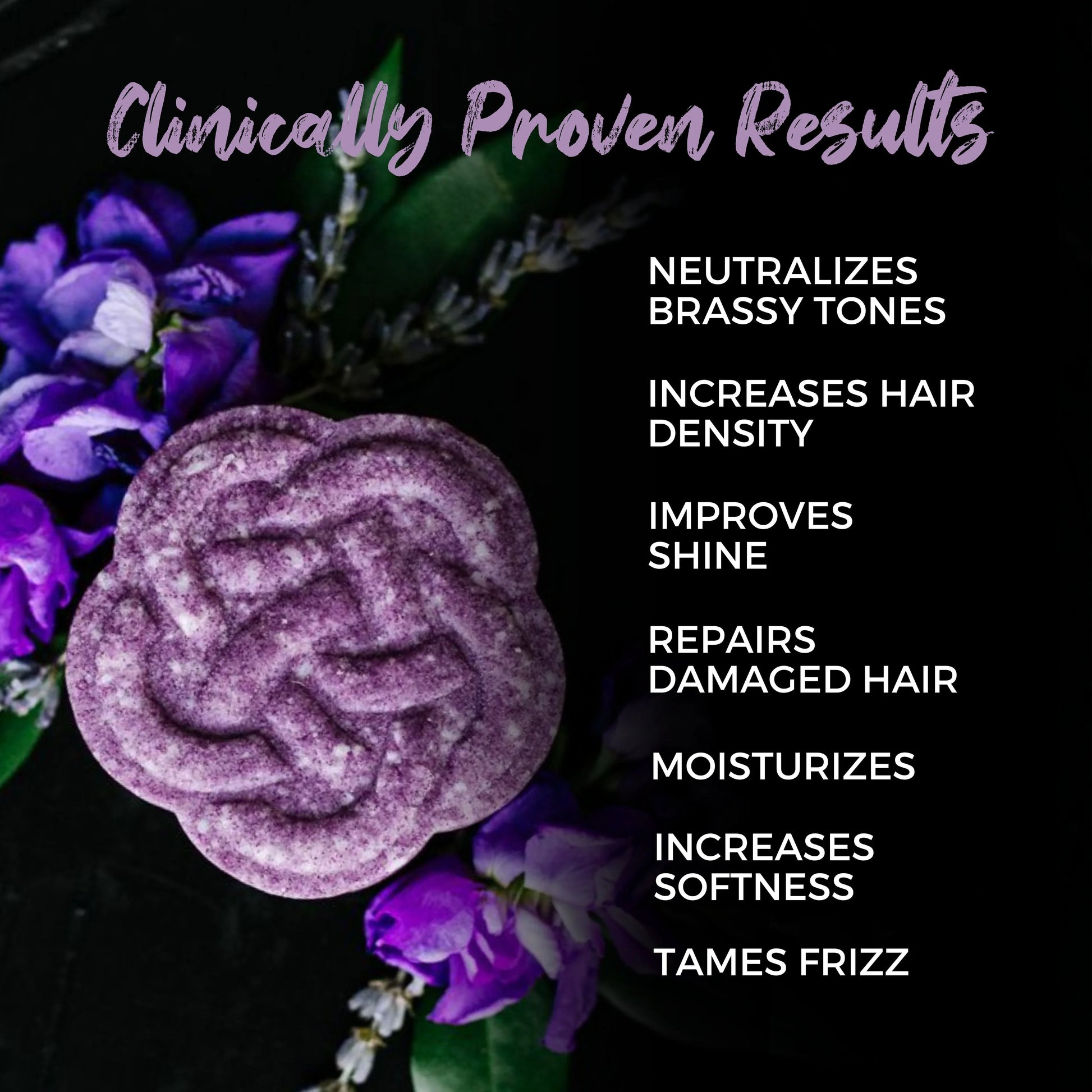 Purple EPS bee hive shaped like a flower with purple flowers on black background and hair care benefits text