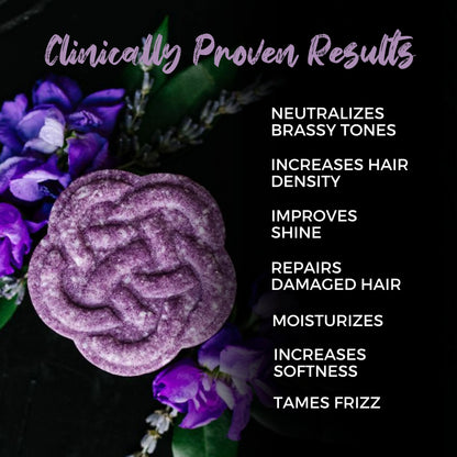 Purple EPS bee hive shaped like a flower with purple flowers on black background and hair care benefits text