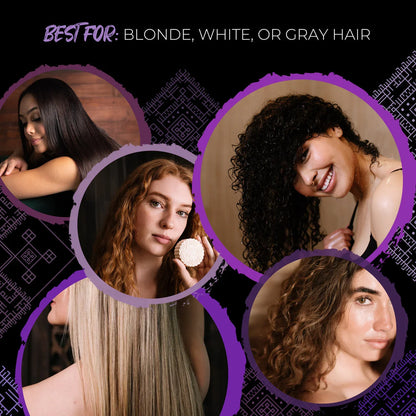 eps bee hive design on purple shampoo ad featuring diverse women with blonde, white, gray hair