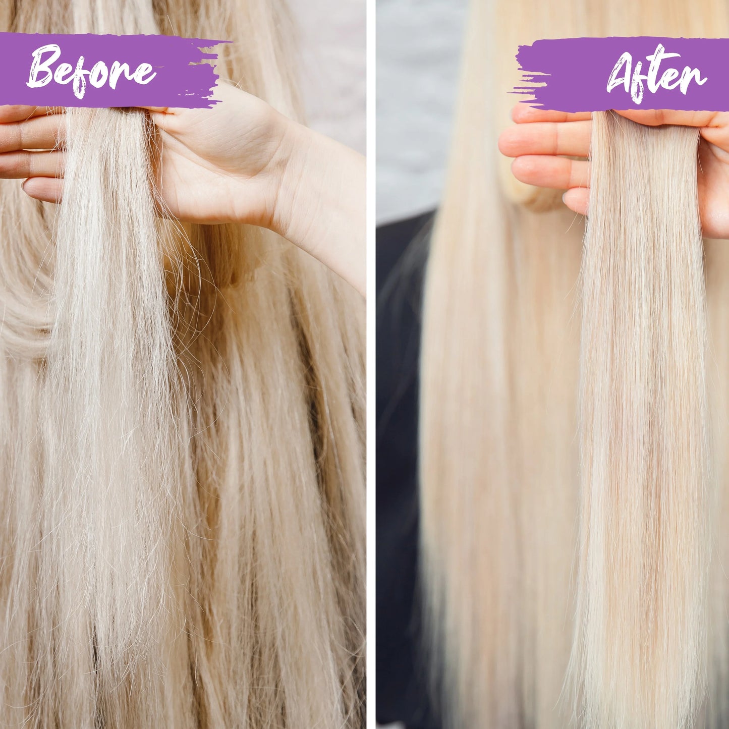 Before and after comparison of blonde hair strands held by hand, showing frizzy versus smooth texture