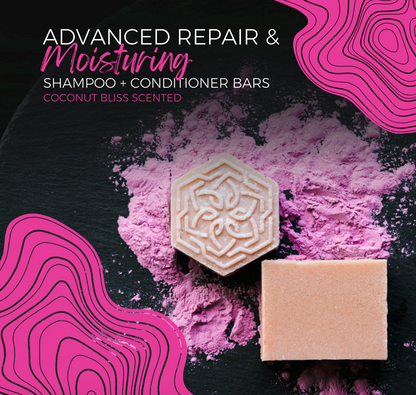 Advanced repair and moisturizing coconut bliss scented shampoo and conditioner bars on purple powder