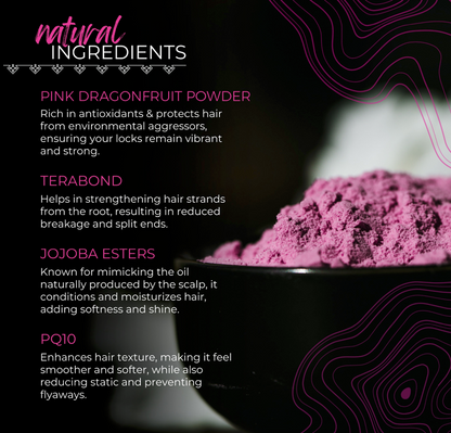 Close-up of pink dragonfruit powder in black bowl with hair care ingredient descriptions for moisturizing shampoo