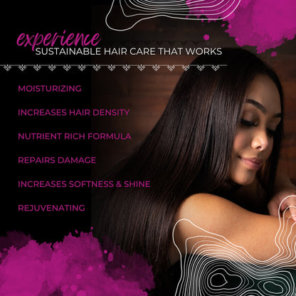 Woman with long shiny hair promoting sustainable hair care benefits including moisturizing and repairing damage