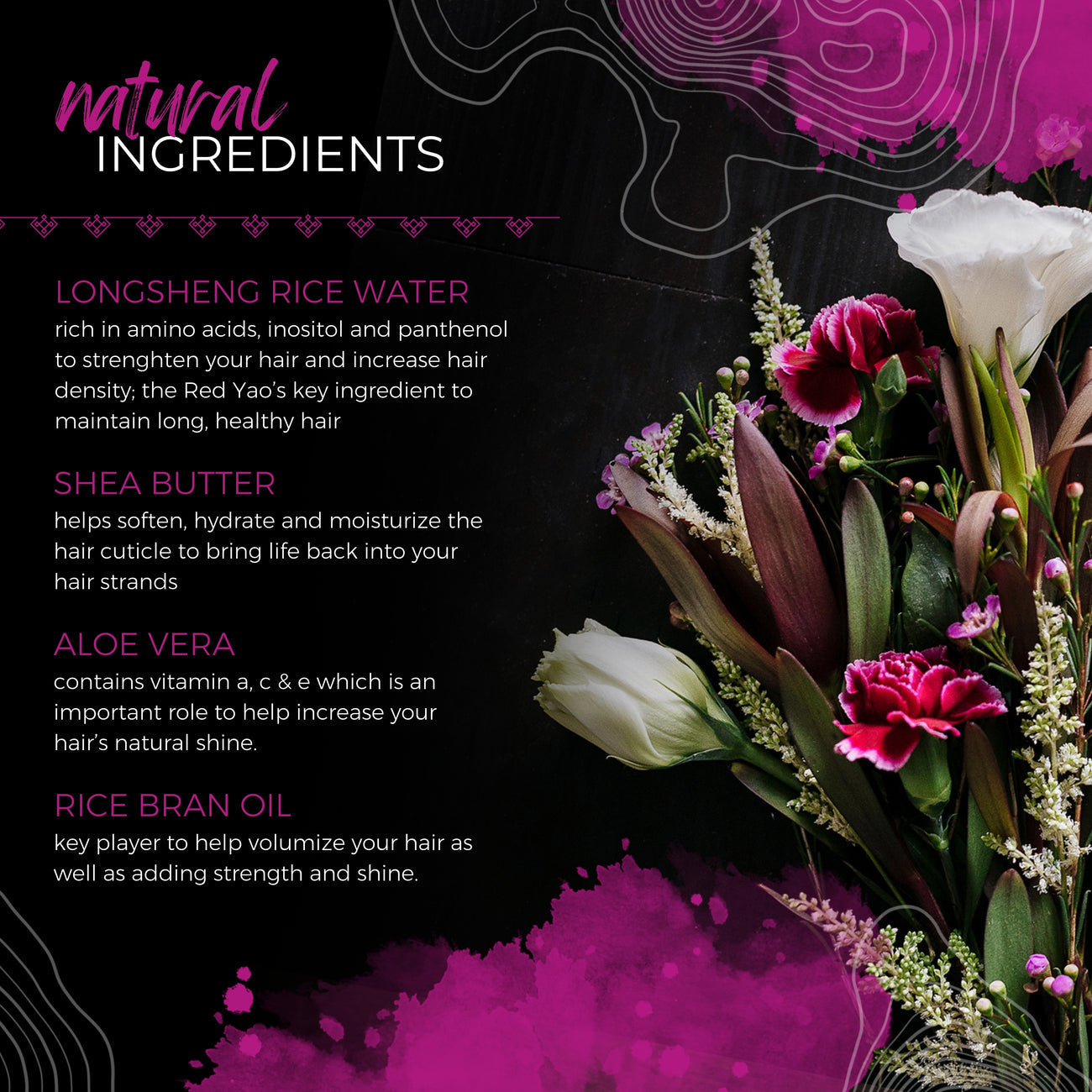 EPS bee hive with natural hair care ingredients text and decorative flowers on black background