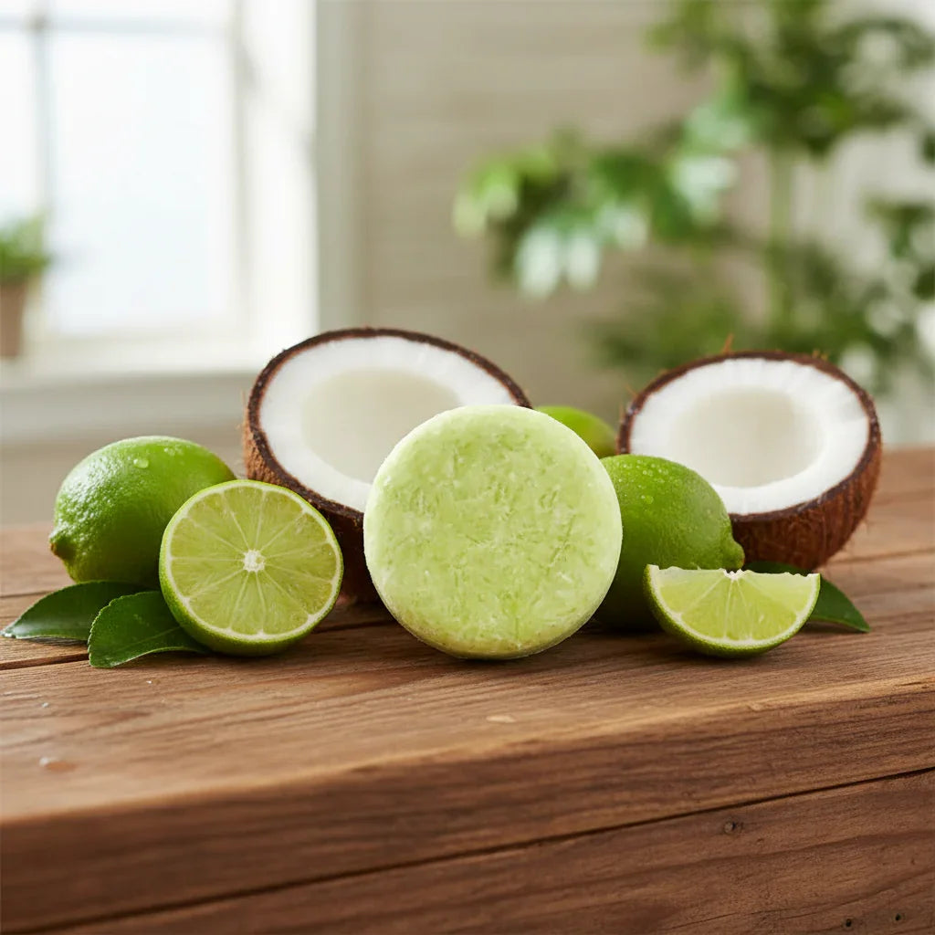 EPS bee hive shaped green shampoo bar with fresh coconuts and limes on wooden surface
