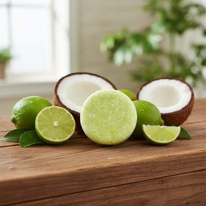 EPS bee hive shaped green shampoo bar with fresh coconuts and limes on wooden surface
