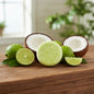 EPS bee hive shaped green shampoo bar with fresh coconuts and limes on wooden surface