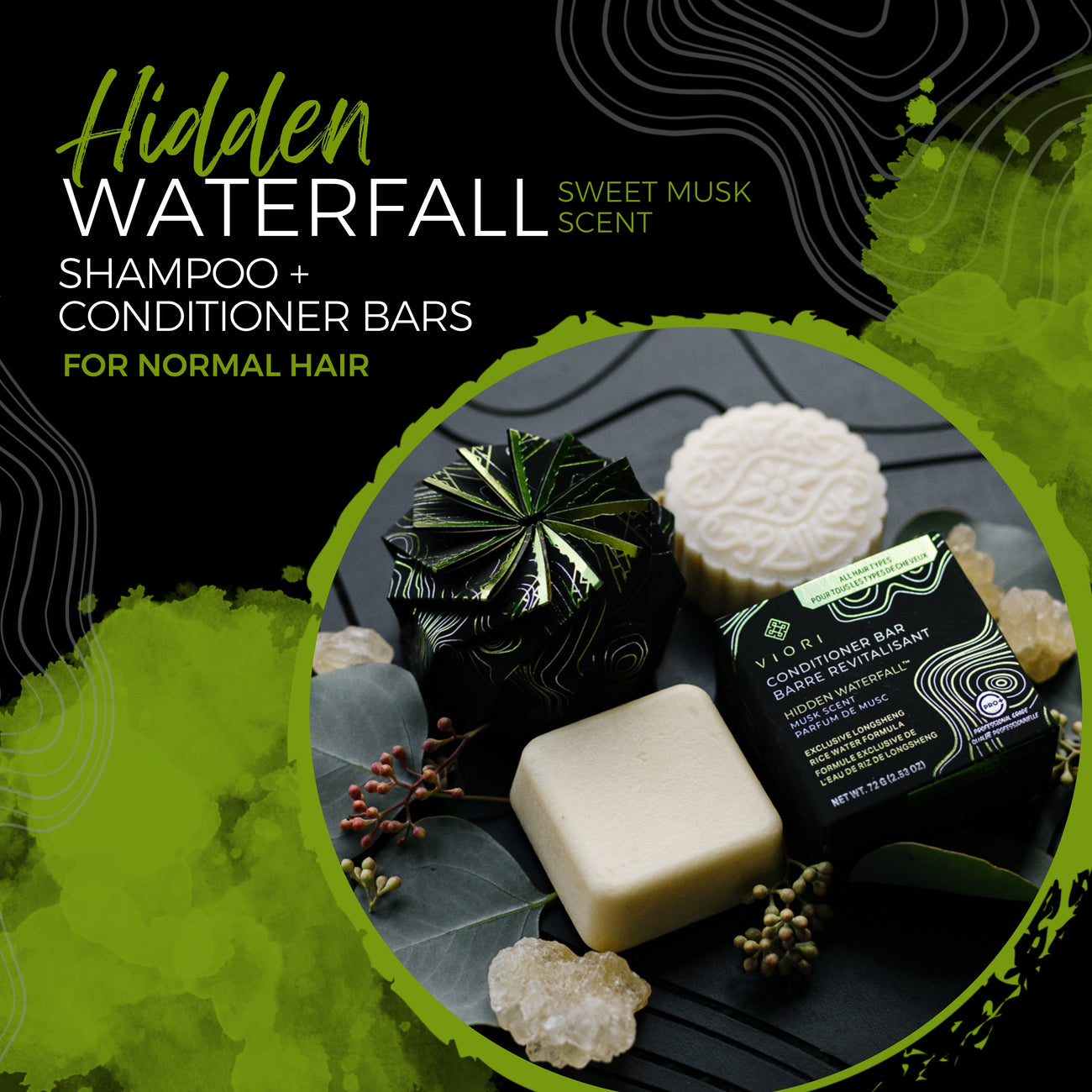EPS bee hive shaped shampoo and conditioner bars with green and black packaging for normal hair