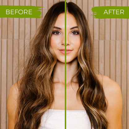 EPS bee hive shampoo before and after hair transformation on a woman's long brown hair