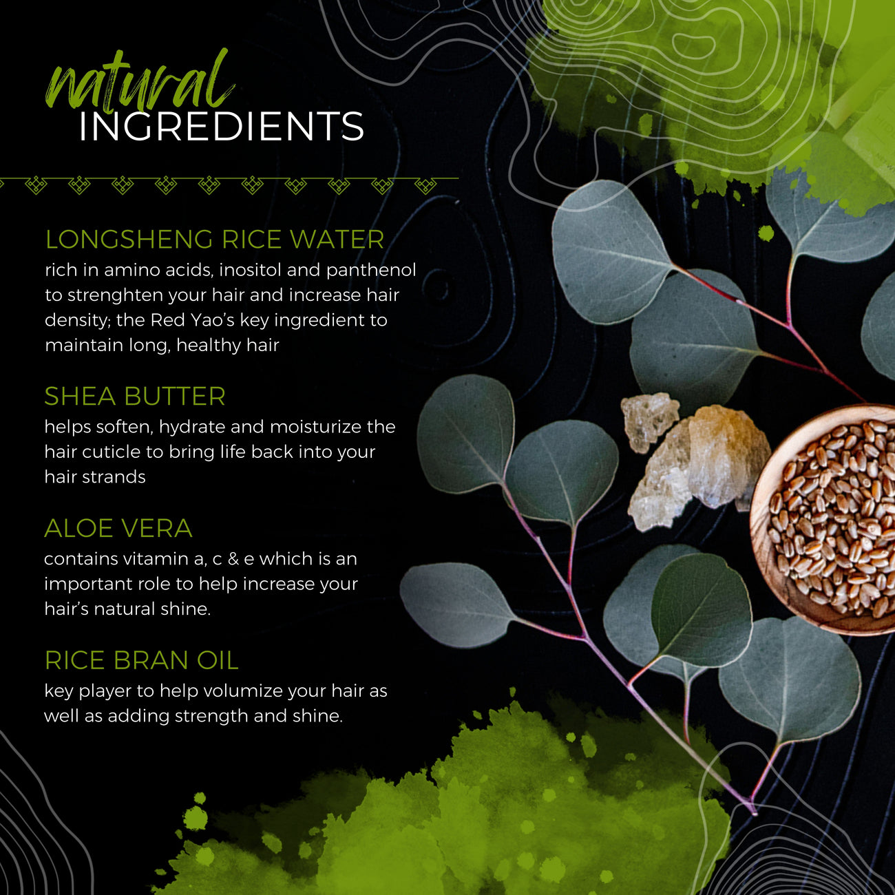 EPS bee hive with eucalyptus leaves, shea butter, rice grains on black background, natural ingredients text