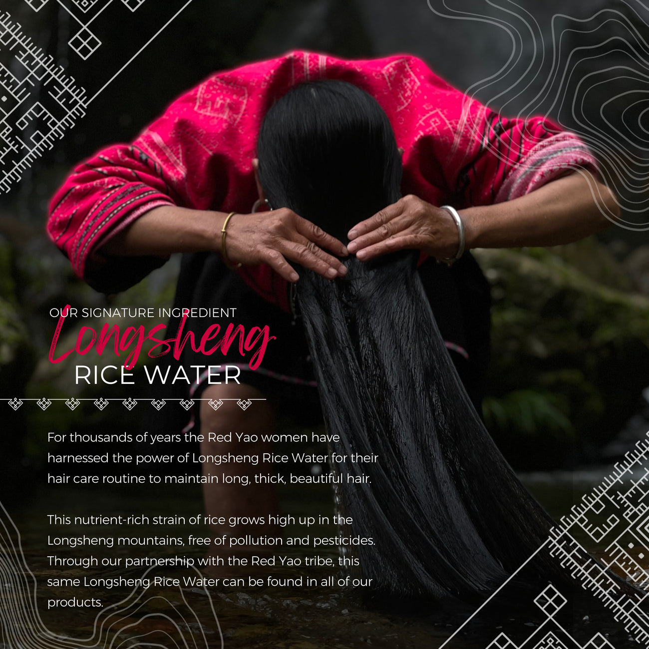 Woman in red traditional clothing washing long black hair, Longsheng rice water shampoo inspiration