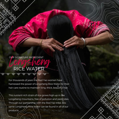 Woman in red traditional clothing washing long black hair, Longsheng rice water shampoo inspiration