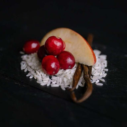 eps bee hive with fresh cranberries, vanilla beans, rice grains, and an apple slice on a dark surface