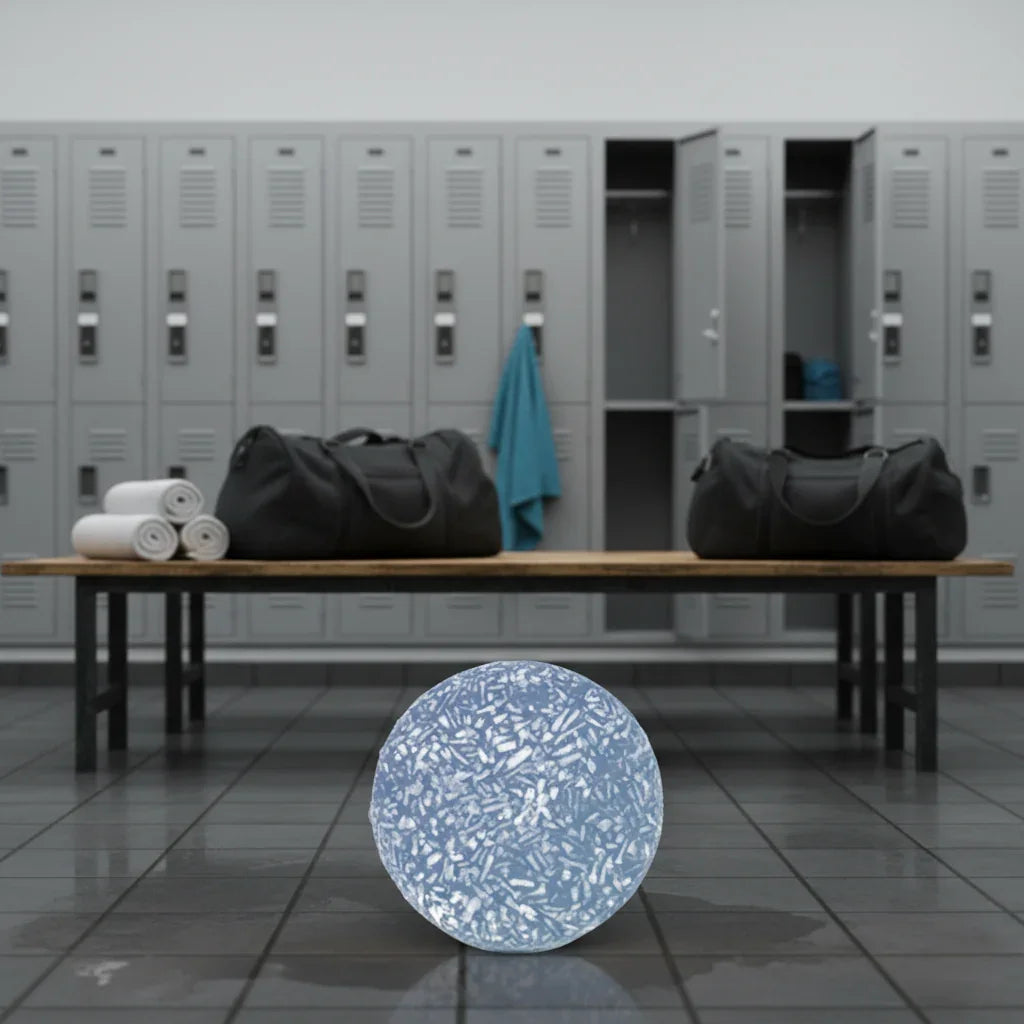 eps bee hive shaped men's blend shampoo bar in a gym locker room with bags and towels