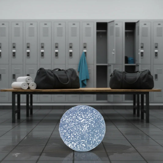 eps bee hive shaped men's blend shampoo bar in a gym locker room with bags and towels