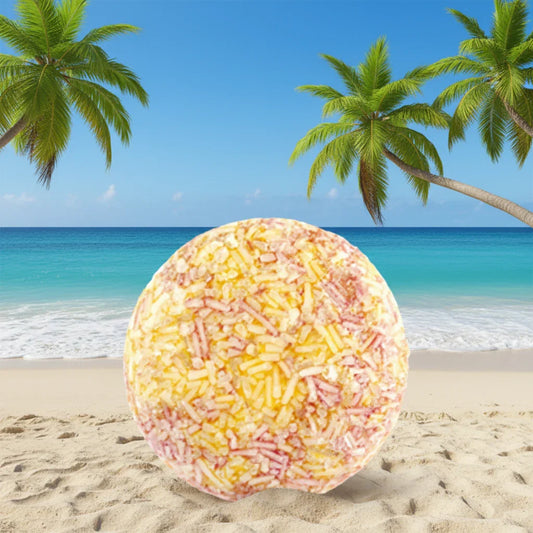 EPS bee hive styled as pink and yellow shampoo bar on tropical sandy beach with palm trees and blue ocean