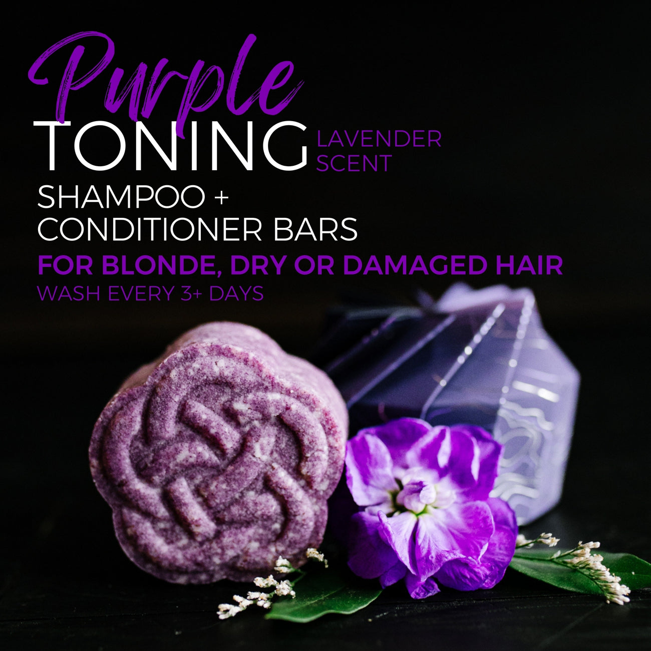 Purple toning shampoo and conditioner bars with lavender scent for blonde, dry, or damaged hair, displayed with purple flower