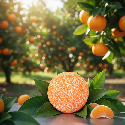 eps bee hive shaped orange shampoo bar on green leaves with fresh oranges in orchard background