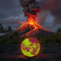 Volcano erupting with lava flow and smoke plume, tropical trees around, EPS bee hive inset in foreground